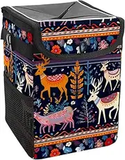Car Trash Can with Lid and Storage Pockets Leak-Proof Organizer,Waterproof Garbage Can,Christmas Reindeer Birds Boho