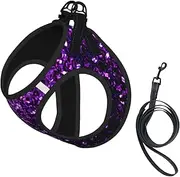 Beautiful Purple Glitter print Dog Harness and Leash Set, Reflective Adjustable Puppy Vest for Small Medium Large Dogs, Cats