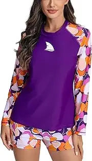 [ALLTOKE] Womens Two Piece Long Sleeve Rash Guard Sets with Built in Bra Swim Shirts and Shorts UPF50+ Swimsuit