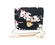 Womens Floral Pattern Shoulder Crossbody Bag With Chain-Black