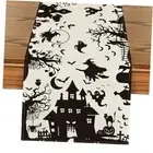 Black White Spooky Haunted House Tree 13" x 72", Table Runner Black/White