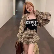 Lettering Drawstring Cropped Camisole Top / Long-Sleeve Plaid Shirt / High Waist Skort Camisole - Black - M