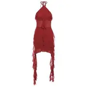 Halter Neck Plain Asymmetrical Mesh Panel Ruffle Trim Open Back Mini Bodycon Dress Red - S