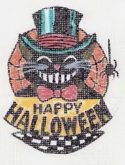 Needlepoint Canvas Hand Painted Happy Halloween Cat Vintage 24 mesh Was $49