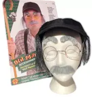 OLD MAN KIT Gray Stick On Eyebrows Mustache Glasses Baseball Hat Wig Costume Set