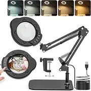 2-in-1 Magnifying Glass with Light and Stand, 15X 10X Magnifying Lamp with Clamp and Base, LED Desk Magnifier Lamp with 5 Color Modes and 10 Brightness Levels for Hobby Crafts, Repair, Reading