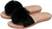 [EMGILL] Women's Linen Non-slip Slides Slippers Fluffy Pompom Cozy Sandals Open Toe Indoor Outdoor Flat Slippers 2025