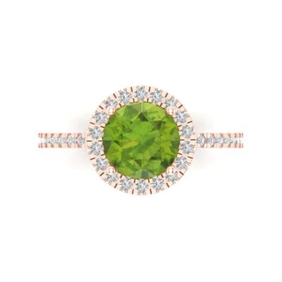 1.85Ct Round Cut Natural Peridot VVS1 Solid Gold Halo Engagement Promise Ring