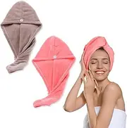 Set of 2 Hair Turban Head Towel, Microfibre with Button, Super Absorbent, Quick Drying, Light Pink + Light Coffee