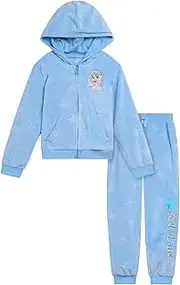 [Disney] Junior Girls Velour Zip Up Hoodie and Jogger Pants Outfit Set Toddler to Big Kid Sizes (2T - 14-16), Light Blue, Elsa, 7-8