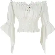 [Mingyuezai] Womens Renaissance Peasant Blouse Off Shoulder Trumpet Sleeve Tops
