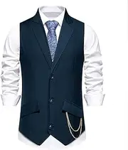 [SMBHIAON] Single Breasted Dress Vest For Men - Solid Color Lapel With Pocket Chain Decoration Stage Performance Business Suit Vest,Fashion Slim Fit Belt At The Back Party Banquet Cardigan Waistcoat