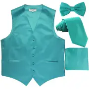 New Men's solid Tuxedo Vest Waistcoat & necktie & Bow tie & Hankie aqua blue