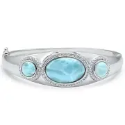 Natural Larimar & Cubic Zirconia .925 Sterling Silver Bangle Bracelet
