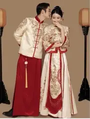 Gold & Red Chinese Bridal Qun Kwa Qipao Wedding Dress & Groom Tang Suit