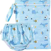[Generic] Reusable Swim Nappy with BONUS Wet Bag MEDIUM 7-10kg (6-12mths/Size 0-1) Premium Cloth Baby Boy Swimming Diaper & Matching Wet Bag Set WHALE TALES_M