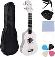 domoi 21 Inch Ukulele Set for Beginners 4-String Small Guitar Basswood Ukulele with Carry Bag Clip and 4 Picks-White