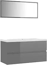 vidaXL High Gloss Grey Engineered Wood Bathroom Furniture Set with Sink Cabinet, Built-in Basin and Mirror - Modern Designed