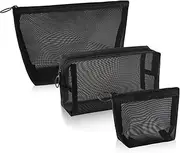 Boao 3 Piece Mesh Cosmetic Bag Mesh Makeup Bag with Zipper Pouch Travel Toiletry for Makeup Organizer Home Office Travel Accessories, Black, 3 Count (Pack of 1)
