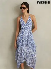 Reiss Blue Tiller Side Pleat Asymmetric Midi Dress (N21213) | $395