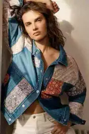 Anthropologie Faria Patchwork Denim Trucker Jacket SIZE M NEW