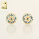 14K REAL Solid Gold CZ Round Evil Eye Sapphire Stud Earrings, CZ Earrings