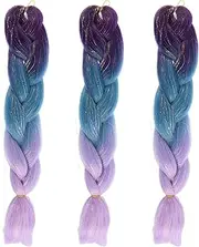 3Pcs 24inch Braiding Hair Ombre Jumbo Braiding Hair Purple Sky Blue Light Purple Colorful Gradient Braiding 3 Tone Heat Resistant Glitter Braiding Hair for Women Party Stage Fulasun