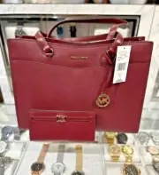 Michael Kors Jet Set Large Leather MF Tote Bag + Snap Card Wallet Set (Oxblood)