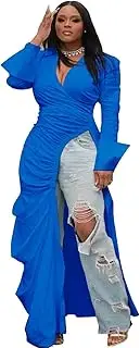[RanRui] 2024 Women's Vneck high Side Split Cocktail & Wedding Guest Dresses Sexy Deep V Side Fit Slim Dress, Blue, Medium