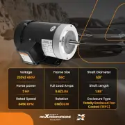 Air Compressor Electric Motor 2HP 5/8" Shaft 3450 RPM 56CFrame 3 Phase 5.6/2.8A