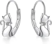 Cat Earrings 925 Sterling Silver Cat Dangle Hoop Earrings, Cat Jewelry Gift