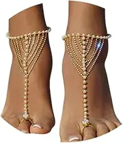 [Rotaiboes] 1Pair Summer Beach Rhinestone Tassel Toe Ring Foot Chain Wedding Bridal Crystal Barefoot Anklet Sandal Foot Chain Bikini Body Accessories Jewelry for Women