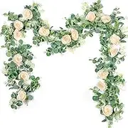 Der Rose 2Pack 13ft Artificial Eucalyptus Garland with Champagne and White Silk Flower Vine Eucalyptus Leaves Greenery Garland for Wedding Arch Table Decor
