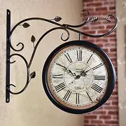 Station Clock Double-Sided, Retro Old Station Clock Station Clock Outdoor, Vintage Antique-Look Holder Hanging Decorative Clock for Indoor Garden B