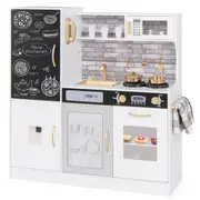 Babyjoy Kids Kitchen Playset Wooden Pretend Toys Set Cooking Food w/Chalkboard & Utensils Gift for Boys Girls
