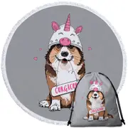 Cute Corgi Dog as A Unicorn Corgicorn Round Beach Towel