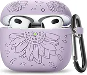 [WJK] Compatible with Apple AirPods 3rd Generation Charging Case, Stylish Soft Silicone Sunflower Print Engraved Protector with Keychain Compatible with Airpods 3 Case, Front LED Visible, Lavender