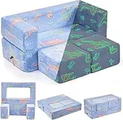 TELER Kids Couch Sofa Modular Toddler Couch, 3 in 1 Fold Out Sofa for Boys Glow in The Dark Blue Dinosaur Sofa with Washable and Durable Covers for Playroom Furniture