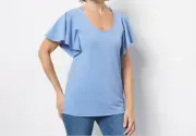 Susan Graver Liquid Knit Top with Short Flutter Sleeves- MYSTIC BLUE, XXS
