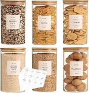 CZZGSM 6 Pack Glass Jar with Airtight Bamboo Lid and White 132 Kichen Pantry Labels Preprinted - 28 Oz Clear Round Glass Food Storage Containers set For Tea Coffee Bean Cookie