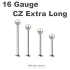 16G CZ EXTRA LONG 5/8" 3/4" 7/8" Cheek Labret Dimple Piercing Steel Ring Lip