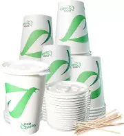 20oz Compostable Paper Cups with White Flat Lids and Stirrers 100pcs
