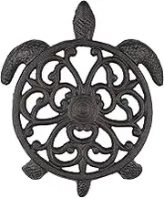 gasaré, Cast Iron Trivet, Metal Trivet, Decorative Turtle Fleur De Lis, for Hot Dishes, Pots, Kitchen, Countertop, Dining Table, Rubber Feet Caps, Solid Cast Iron, 8 ½ x 7 Inch, Rustic Brown Finish