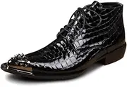 [Generic] Ankle Boot for Men High Top Boot Lace Up StyleGenuine Leather Patent Leather Crocodile Texture Middle Heel Men's Leather Shoes
