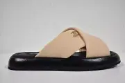 Chanel Beige Black Fabric Criss Cross Puffy CC Logo Slide Mule Sandal Flat 36