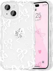 UEEBAI Cute Clear Case for iPhone 14 6.1 inch, Wavy Ribbon Bow Case Pretty Aesthetic Case Cute Curly Clear Case Stylish Soft Phone Case Shockproof Pretty Clear Cover for Women Girl - White