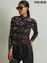 Reiss Black/Brown Tammy Printed Ruched Top (AA4575) | $260