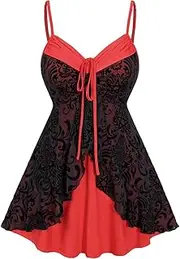[Rgothic] Gothic Vintage Floral Stars Mesh Flocking Cinched Ruched Layered Flounce Hem Cami Top