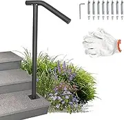 Single Post Handrail Hand Railing Outdoor Stair Railing with Took Kit Fits 1 or 2 Steps Handrails Outdoor Steps, Single Step Handrail (Black)