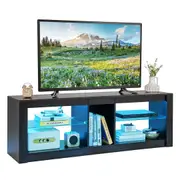 Giantex TV Cabinet TV Stand TV Console Table w/Tempered Glass Top/Remote Control/LED Lights Entertainment Unit